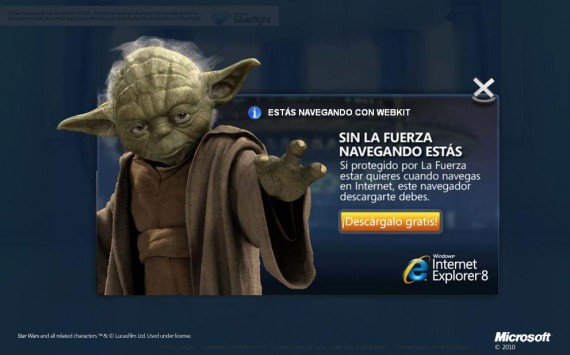 Una de dos, o los derechos de Star Wars son de los ms econmicos para representar campaas de prensa o bien estamos viviendo el comienzo de las Guerras Clon, ya que es la nica manera de entender cmo se le ocurri a Microsoft que el gran maestro Yoda (me inclino y me saco el sombrero) podra estar tan seguro de que no usar Internet Explorer nos llevara hacia el lado oscuro.